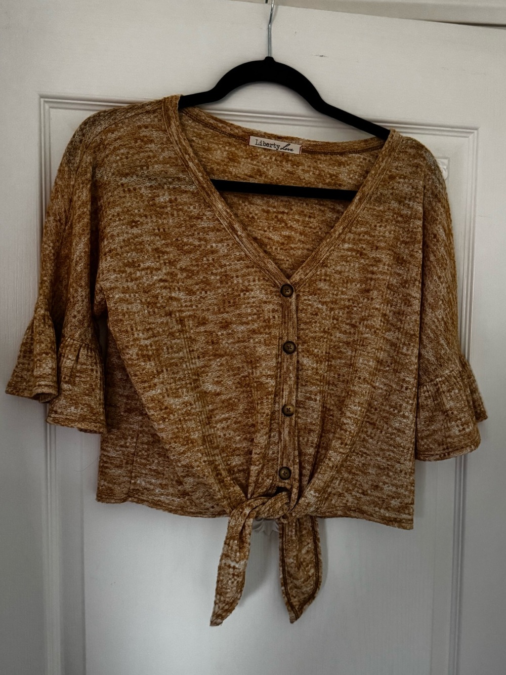 liberty golden brown knit tie-front V-neck crop top